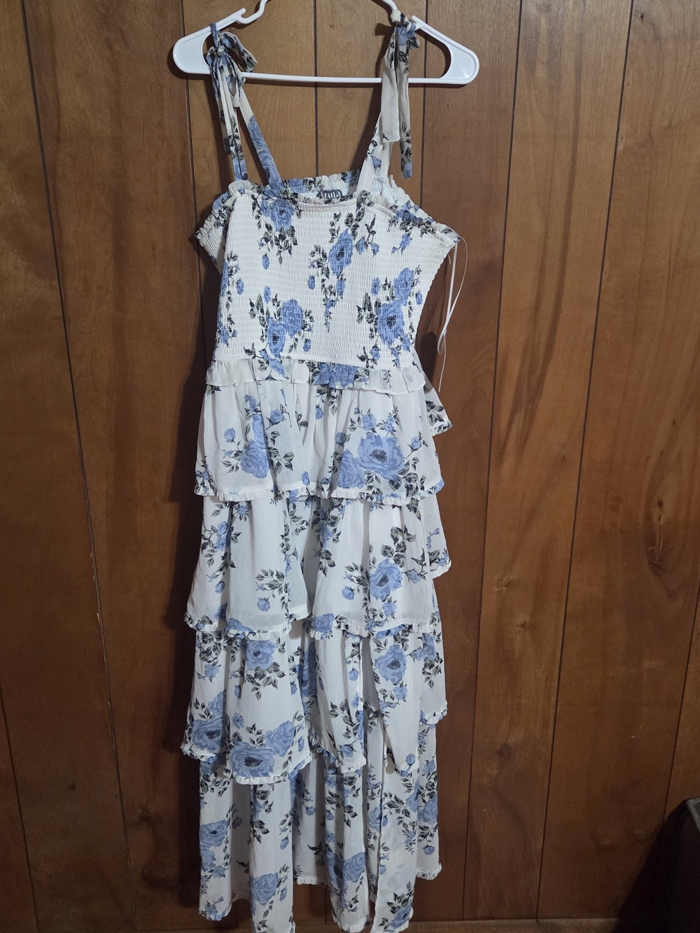 NWT Arula Cottagecore Floral Tiered Maxi Dress 1X Romantic Bridgerton Blue White
